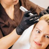 Profissional tratando queda capilar em mulher