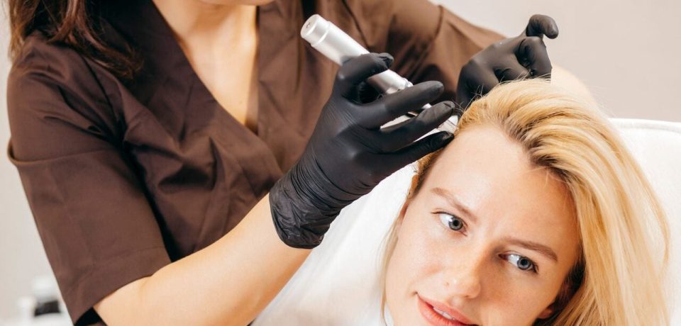 Profissional tratando queda capilar em mulher