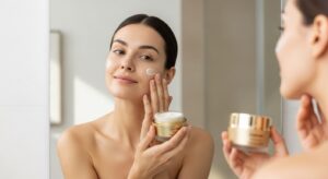 Mulher de pele iluminada e uniforme sem maquiagem representando o conceito de skinimalism em dermatologia estética