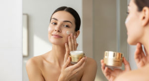 Mulher de pele iluminada e uniforme sem maquiagem representando o conceito de skinimalism em dermatologia est&eacute;tica