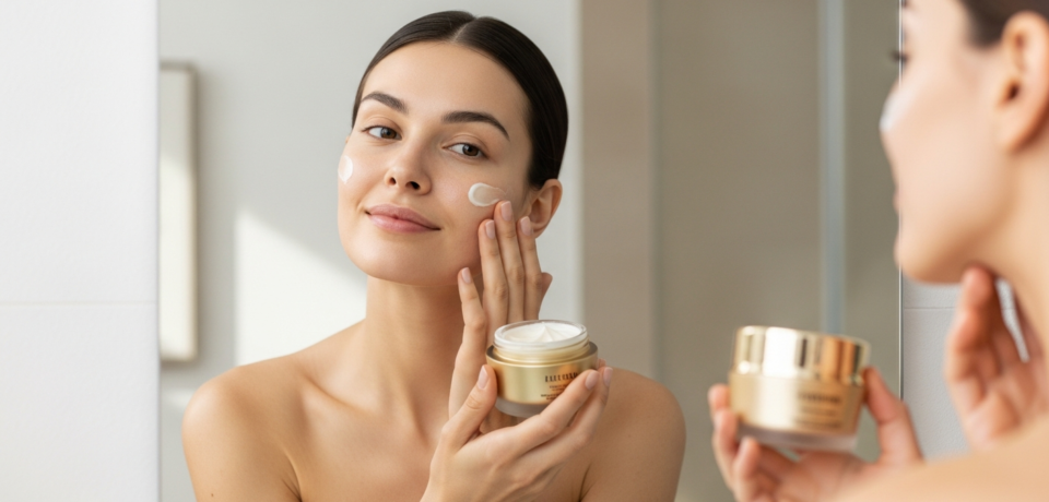 Mulher de pele iluminada e uniforme sem maquiagem representando o conceito de skinimalism em dermatologia estética