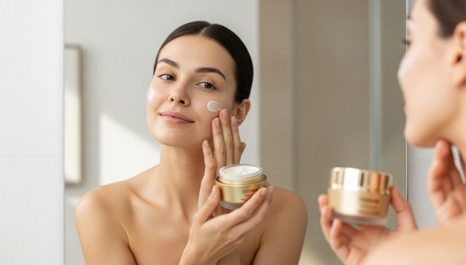 Mulher de pele iluminada e uniforme sem maquiagem representando o conceito de skinimalism em dermatologia estética