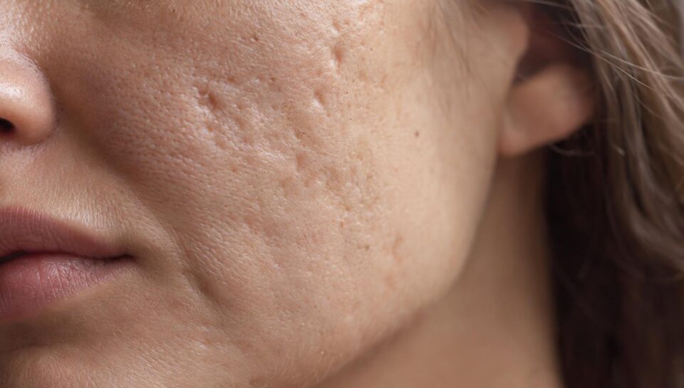 Mulher observando a textura da pele do rosto no espelho antes de iniciar tratamento para cicatriz de acne