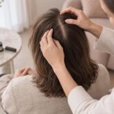 Tratamento de queda de cabelo: novidades após o Congresso SBD 2026 Dermatologista examinando o couro cabeludo de uma paciente, ilustrando as novidades no tratamento de queda de cabelo