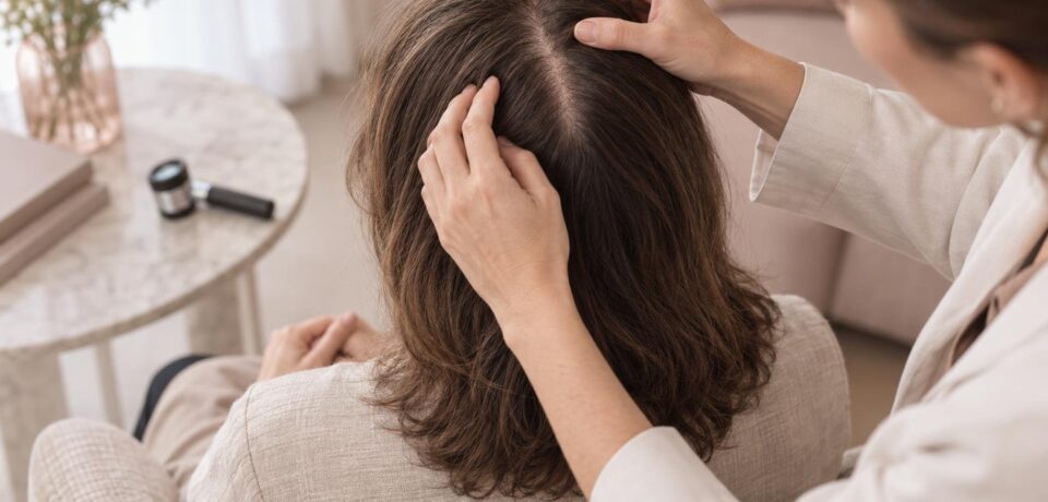 Dermatologista examinando o couro cabeludo de uma paciente, ilustrando as novidades no tratamento de queda de cabelo