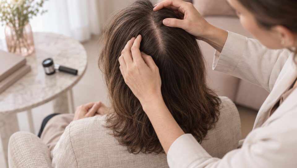 Dermatologista examinando o couro cabeludo de uma paciente, ilustrando as novidades no tratamento de queda de cabelo